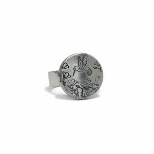 Handmade Hummingbird floral design silver aluminum adjustable medallion‎ Ring